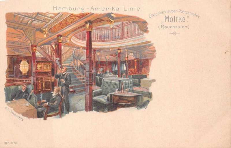 MOLTKE SHIP HAMBURG AMERICA LINE SMOKING ROOM GERMANY POSTCARD (c. 1900)