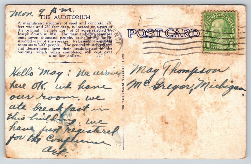 Independence MO~RLDS Headquarters Auditorium~Architect's Study~1930 Postcard