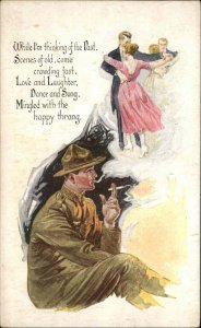 WWI Soldier Smoking Thinking of Beautiful Woman Dancing Vintage Postcard