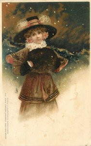 c1903 Tuck Connoisseur Postcard 2549, Lady in Brown w/ Muff in Falling Snow