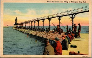 Vtg Michigan City IN Fisherman Fishing When The Perch Are Biting 1940s Postcard