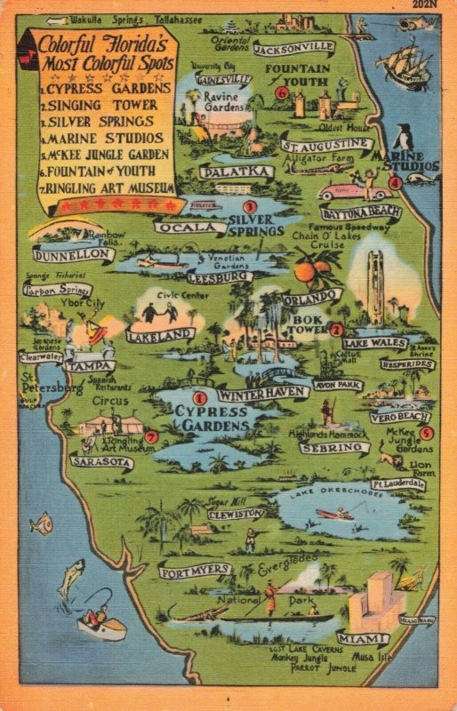 circa1957 Florida Attractions Map Postcard 2T7-153