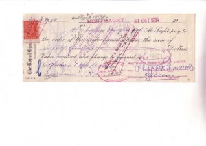 Royal Bank 1934, Cheque with Stamp Montmagny Broom Quebec, Canada, Check