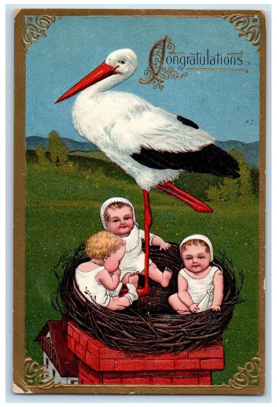 1909 Congratulation Stork And Baby In Nest Embossed Posted Antique Postcard