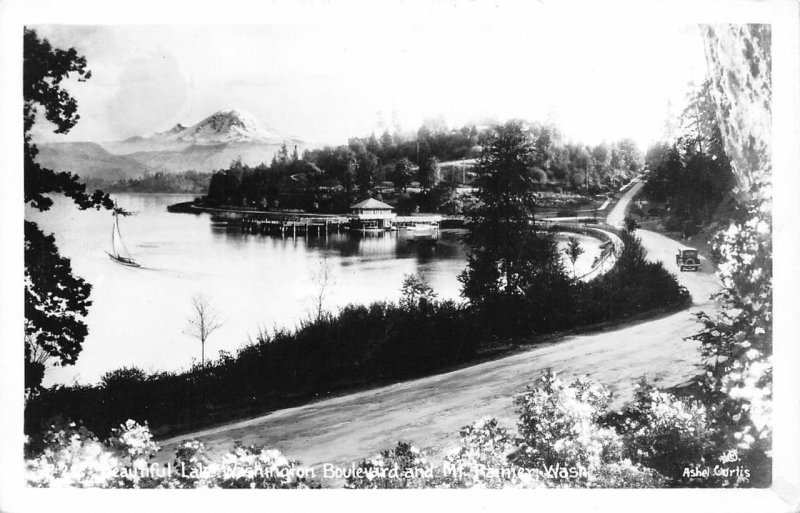 Beautiful Lake Washington Boulevard & Mount Rainier Postcard ca 1940s RPPC