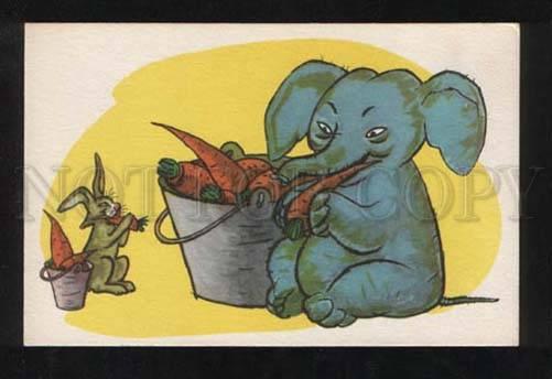 056654 Hungry ELEPHANT & HARE w/ Carrots Old PC