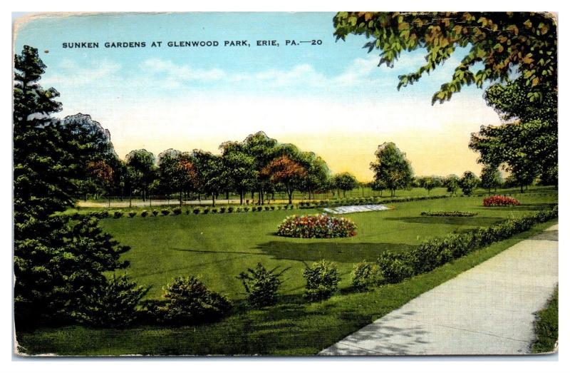 Mid-1900s Sunken Gardens at Glenwood Park, Erie, PA Postcard