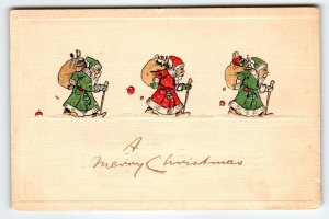 Santa Claus Christmas Postcard 3 Saint Nicks Green Coat H L Woehler Germany 1910