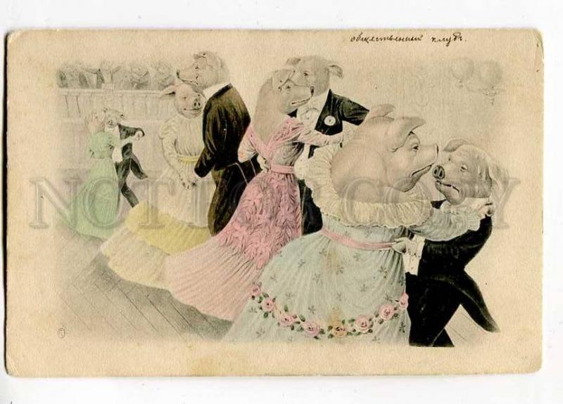 257452 DRESSED Pink PIG waltz Vintage COMIC Fantasy postcard