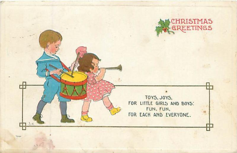 Drummer Boy & Little Girl with Horn S Bergman 1913 Embossed Christmas Postcard