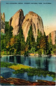 Vtg 1940s Cathedral Rocks Yosemite National Park California CA Linen Postcard