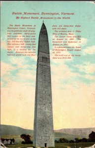 Vintage Postcard Battle Monument Bennington, Vermont KC4