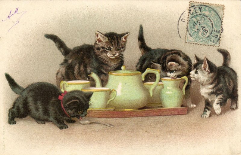 PC CATS, FOUR KITTENS SIPPING MILK, Vintage LITHO Postcard (b47159)