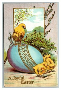 Vintage 1908 Easter Postcard Cute Chicks Giant Blue Egg Gold Lettering NICE