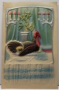 Thanksgiving Greetings Embossed Airbrushed Turkey on Plate German Postcard F12