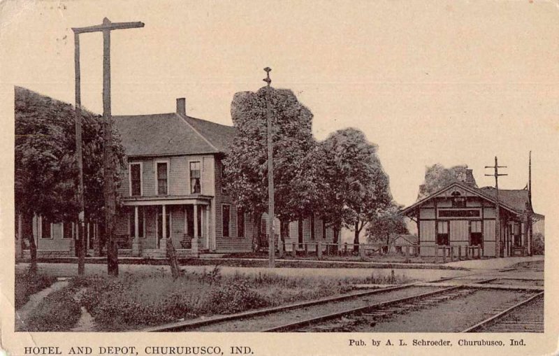 Churubusco Indiana Hotel and Depot Street Scene Vintage Postcard AA2034