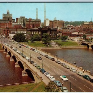 c1950s Des Moines, IA Downtown West Walnut St Locust Bridge Library Cars PC A233
