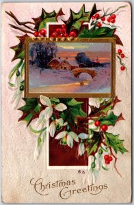 Merry Christmas, 1911 Holiday Greetings, Snow House, Holly & Cherries, Postcard