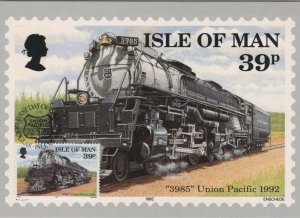 Train Postcard-Union Pacific Railroad,Isle of Man 1st Day of Issue Stamp RR15745