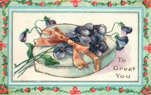 Vintage Postcard To Greet You Violets On Heart Orange Ribbon Flowers & Bordered