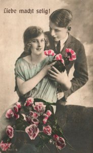 Vintage Postcard 1910's Liebe Macht Selig! Man & Woman together with Flowers