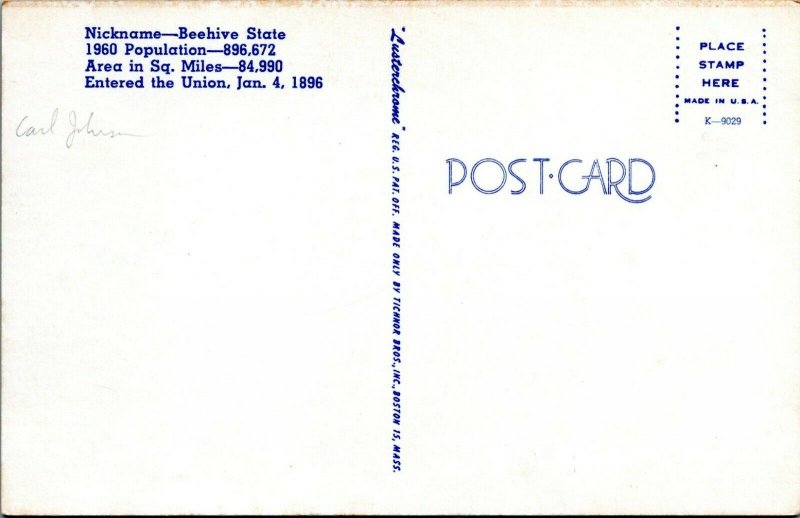 1950s GREETING FROM UTAH Map Lusterchrome Postcard EV