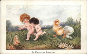 Fantasy Little Nude Fairy Children Chased by Hatched Duckling Vintage Postcard