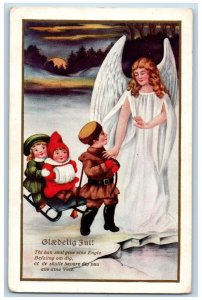 Rushford MN Postcard Christmas Angel Children Sled Winter Scene c1910's Antique