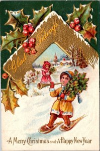 Boy Blows Horn on Snow Shoes, Merry Christmas Embossed Vintage Postcard Y42