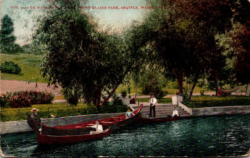 Washington Seattle Tony Blaine Park Lake Washington With Gondola and Canoes 1915