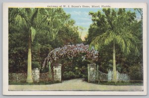 State View~Gateway of WJ Bryans Home Miami Florida~Vintage Postcard