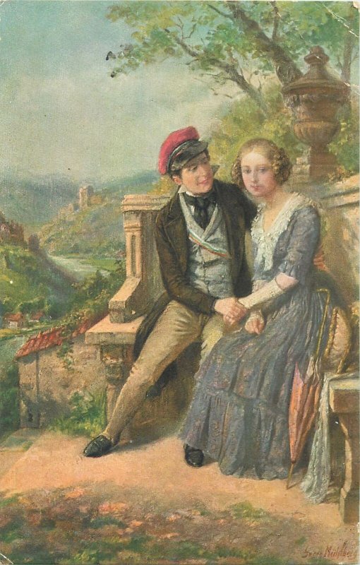 Kunstler Postkarte GEORG MUHLBERG Studentika german student couple on a bench