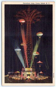 1940-50's CONEY ISLAND PARACHUTE JUMP AT NIGHT ZAITCHICK LINEN POSTCARD
