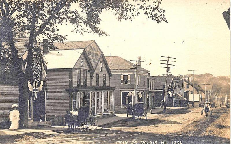 Calais ME Main Street Storefronts Horse & Wagons Trolley Tracks RPPC