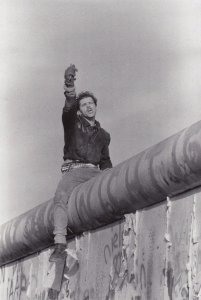 German Hooligan Fist In Air Triumphant On Berlin Wall 1989 Real Photo Postcard