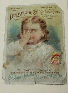 DeLand & Co The Cap Sheaf Brand Soda Advert Trade Card Hold to the light R2