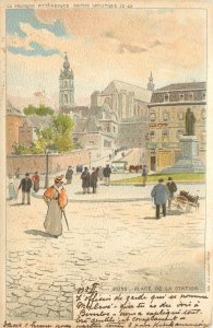 Vintage Postcard Mons Belgium Place De La Station Artistique 32-48 T Ranot