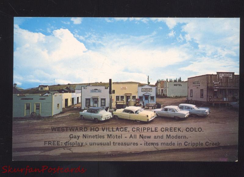 CRIPPLE CREEK COLORADO WESTWARD HO VILLAGE 1950's CARS ADVERTISING POSTCARD