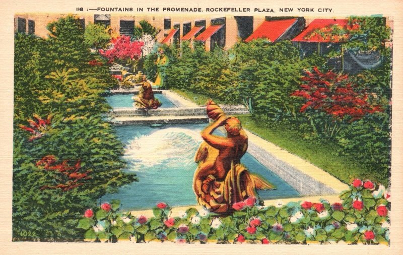 Vintage Postcard Fountains Statue Promenade Rockefeller Plaza New York City NY