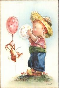 Little Boy Blowing Up Balloons - Bunny Rabbit - Veinet Postcard EXC COND