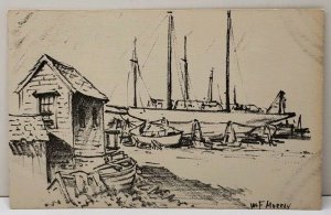 Jas F Murray Lith O Sketch Maine Fishing Boats Dry Dock Ships Postcard E17