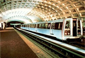 metro stations, Washington D.C., high-speed trains, modern aesthetic, Postcard