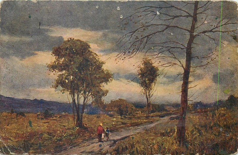 Postcard Italy art artistic painting drawing road rural nature children walking