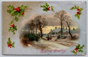 Christmas~Holly Family On Road Christmas Greeting~Winsch Vintage Postcard