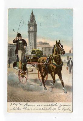 ar2906 -  man & horse & cart - 'a city car' - art  - post...