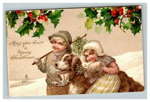 Vintage 1912 Christmas Postcard - Boy and Girl with Cute Dog Mistletoe Birds