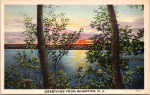 Postcard NJ Wharton - Greetings from Wharton N.J. - sunset on lake