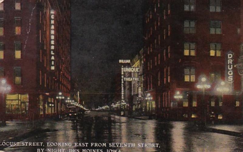 Iowa Des Moines Locust Street Looking East From Seventh Street By Night 1914 ...