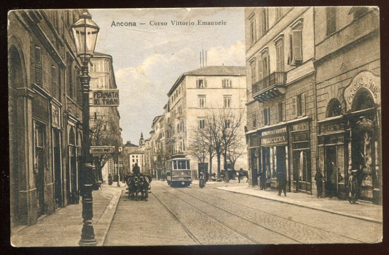 h2408 - ITALY Ancona Postcard 1910 Corso Vittorio Emanuele. Stores. Tram