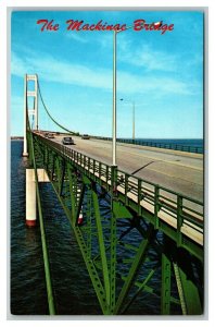 Vintage 1960's Postcard Antique Cars Driving Across The Mackinac Bridge Michigan